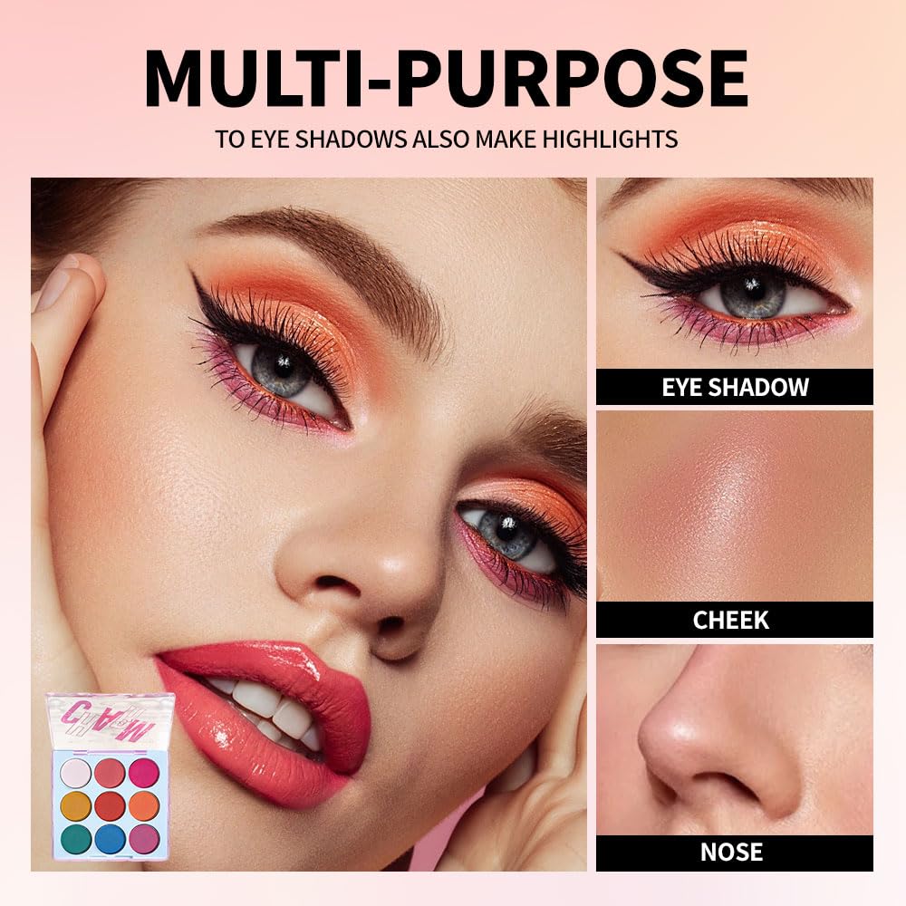 KXmzeG 9-Color Rainbow Eyeshadow Palette – Blendable Matte Brights in Pink, Yellow, Blue & Green – Waterproof, Long-Wear, Perfect for Creative or Party Makeup 03#