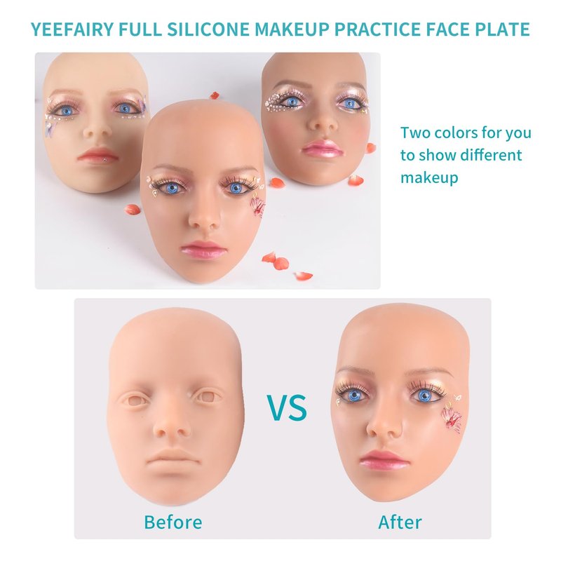 YEEFAIRY Makeup Practice Face Board 3D Reusable Silicone Mannequin Eye Face Kit Practice Skin with 2 Pairs of Realistic Eyeballs for Tattoo Artists Beauty Beginner (Natural)