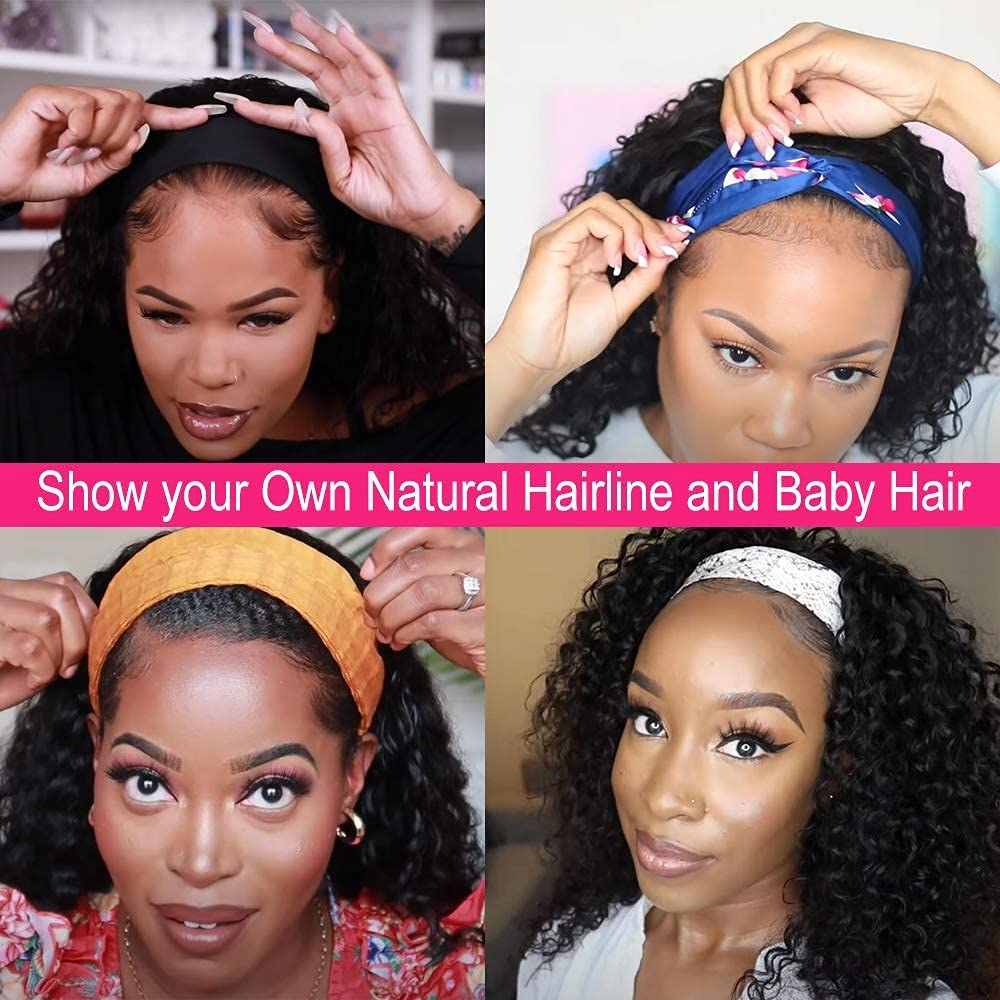 mengkai Deep Wave Lace Front Wigs Human Hair For Women Headband Wig Human Hair Deep Wave Glueless None Lace Front Wig Curly Headband Half Wigs for Women Brazilian Virgin Machine Made Wig 10 Inch