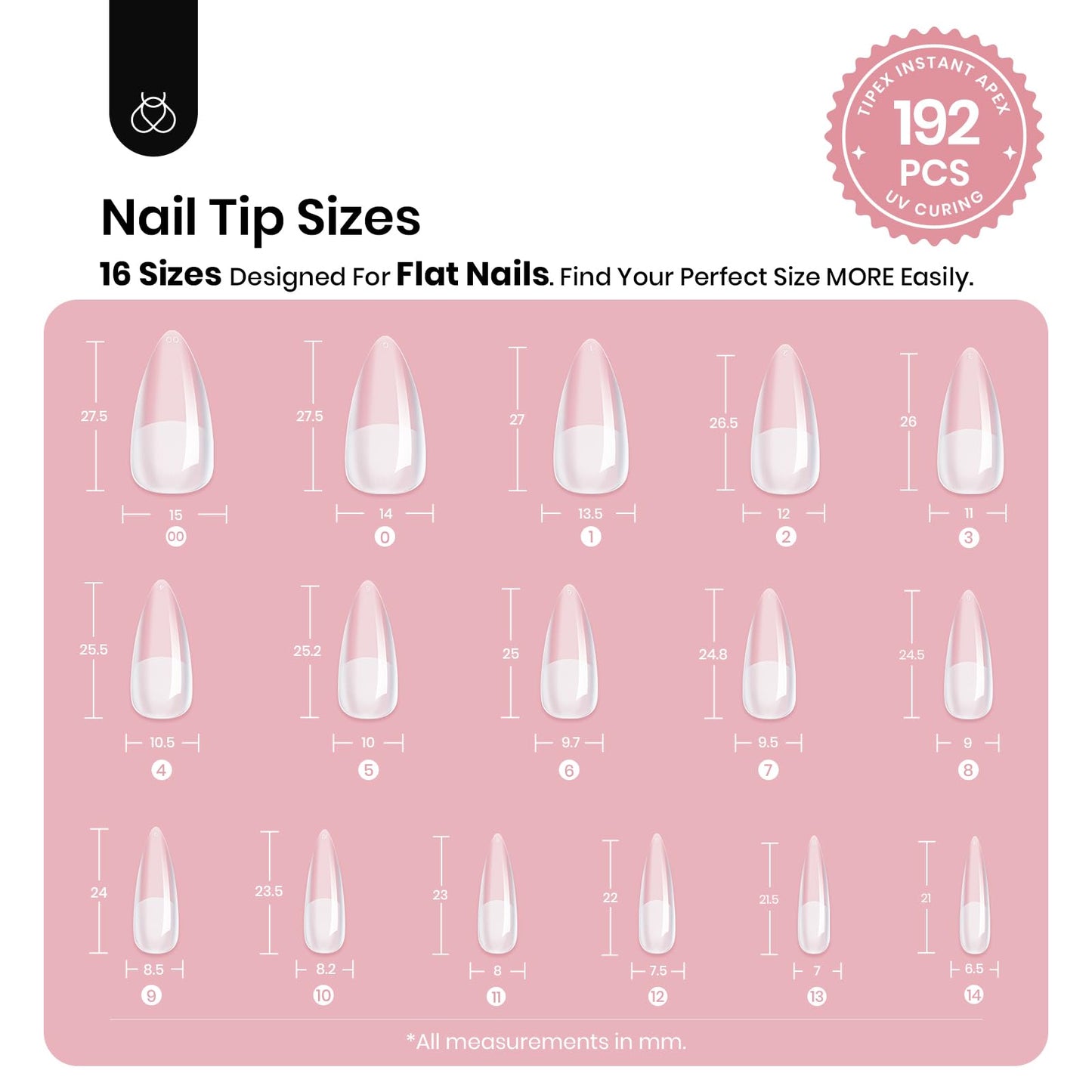 Beetles Tipex Instant Apex Nail Tips Medium Stiletto 16 Sizes 192 Pcs Pre-Etched Pre-Building Strong Thick Acrylic Tips