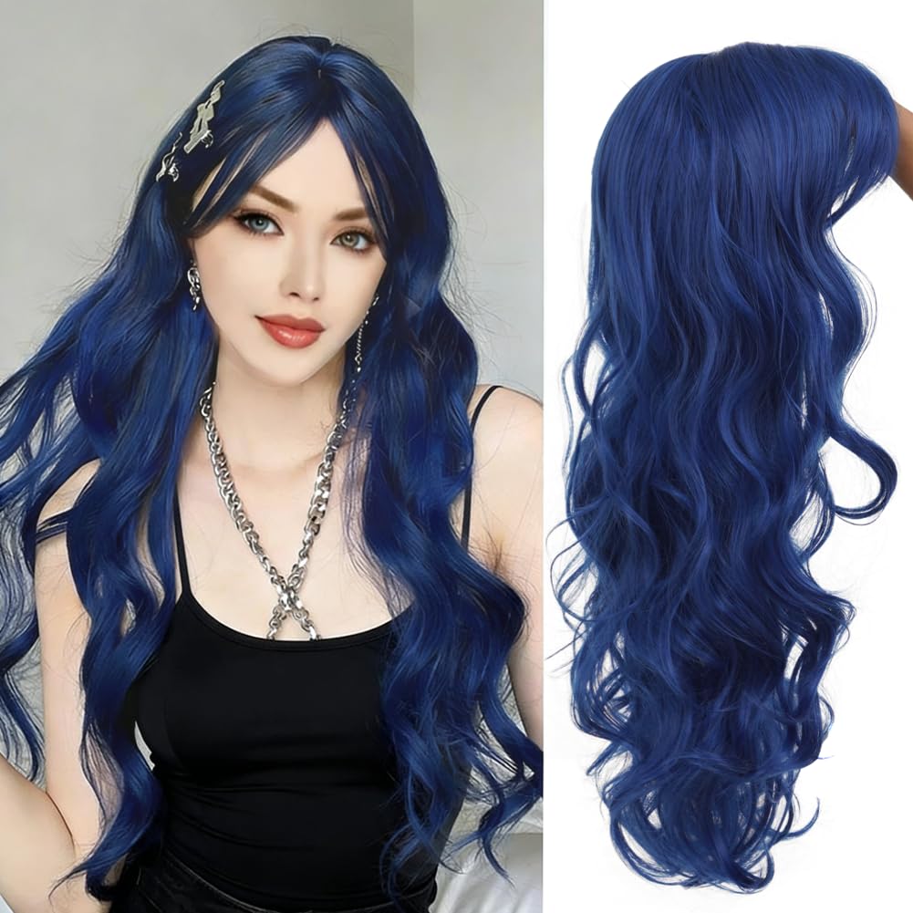 Salaibs Long Blue Curly Wavy Wig for Women Mermaid Wigs with Bangs Natural Looking for Daily Party Cosplay Halloween Use（Royal Blue）