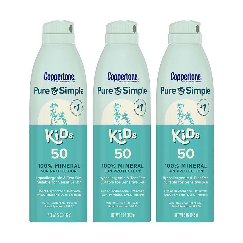 Coppertone Pure and Simple Kids Sunscreen Spray SPF 50, Zinc Oxide Mineral Sunscreen for Sensitive Skin, Hypoallergenic and Tear Free, 5 Oz Can, Pack of 3