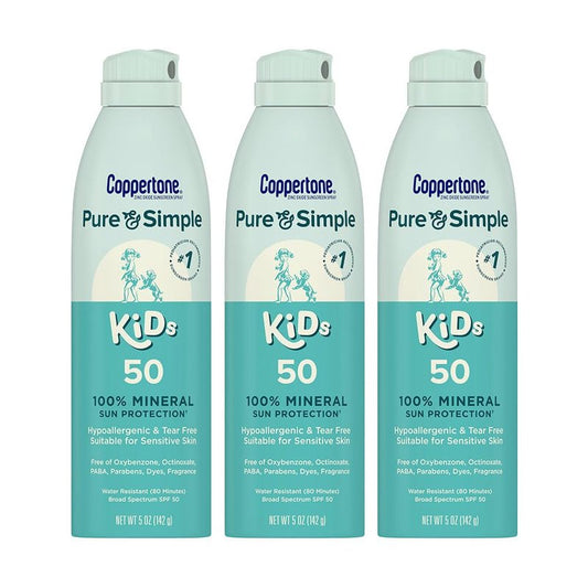 Coppertone Pure and Simple Kids Sunscreen Spray SPF 50, Zinc Oxide Mineral Sunscreen for Sensitive Skin, Hypoallergenic and Tear Free, 5 Oz Can, Pack of 3