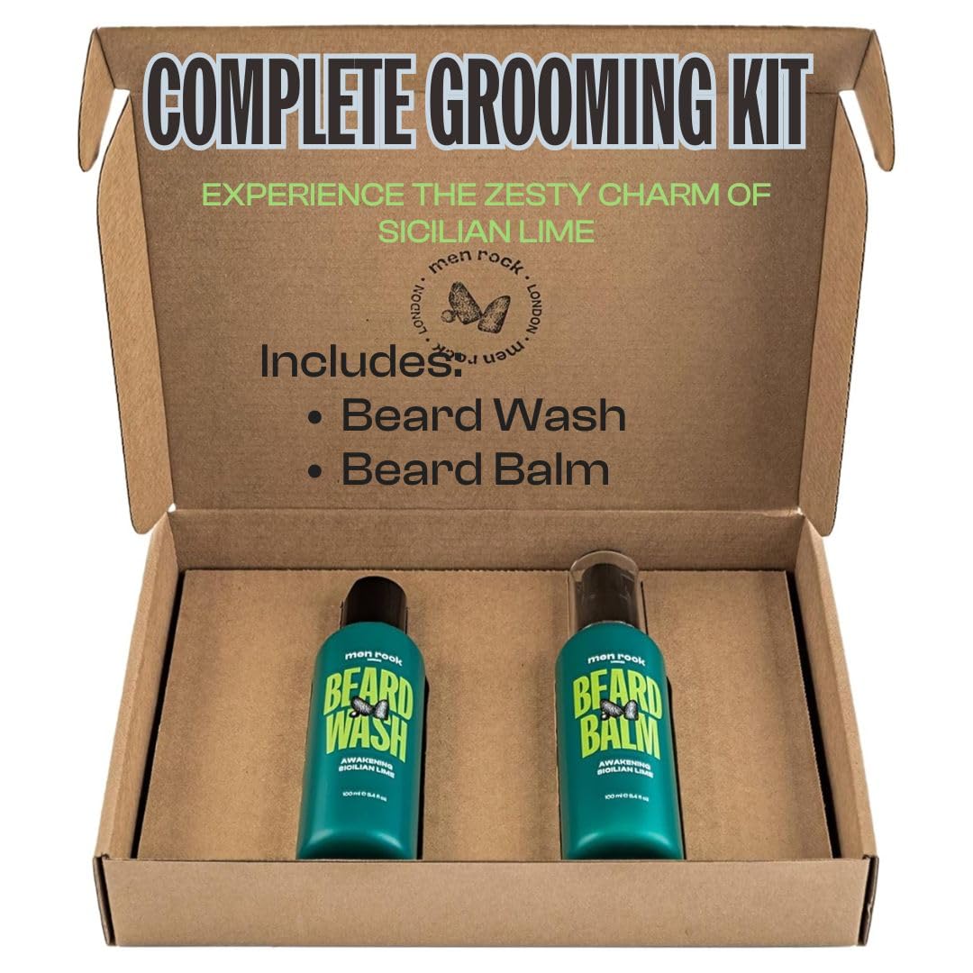 Men Rock Beardy Beloved Awakening Essential Beard Kit - Sicilian Lime - Beard Balm and Wash - Mens Face Care Kit - Skincare Products for Men - 2 Pc