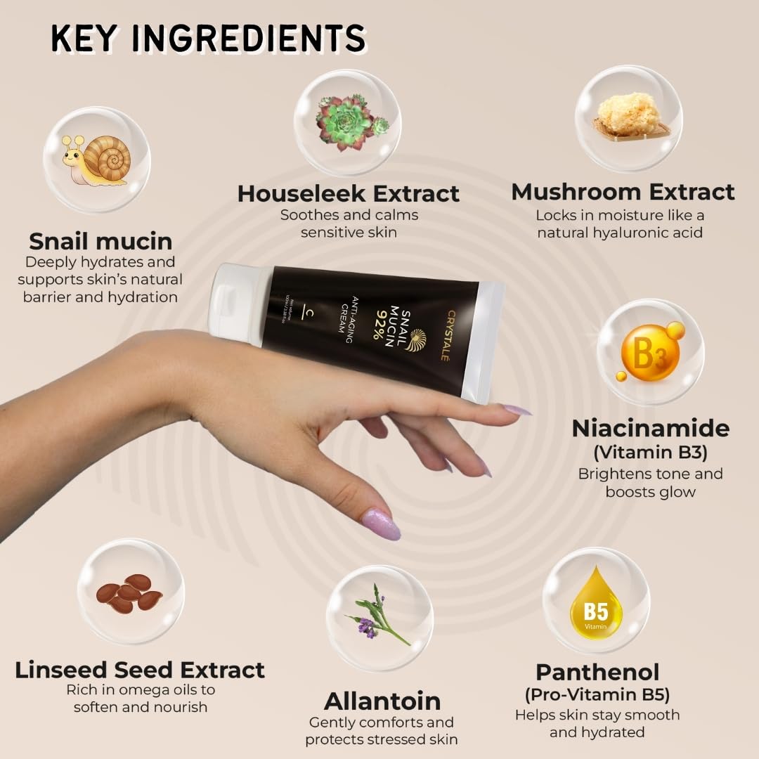 CRYSTALÉ Snail Mucin Filtrate 92% Hydrating Face Moisturizer Gel Cream for Korean Skin Care Beauty Routine with Niacinamide and Panthenol, Deep Hydration Formula for Face, Hands and Body, 3.38 fl.oz