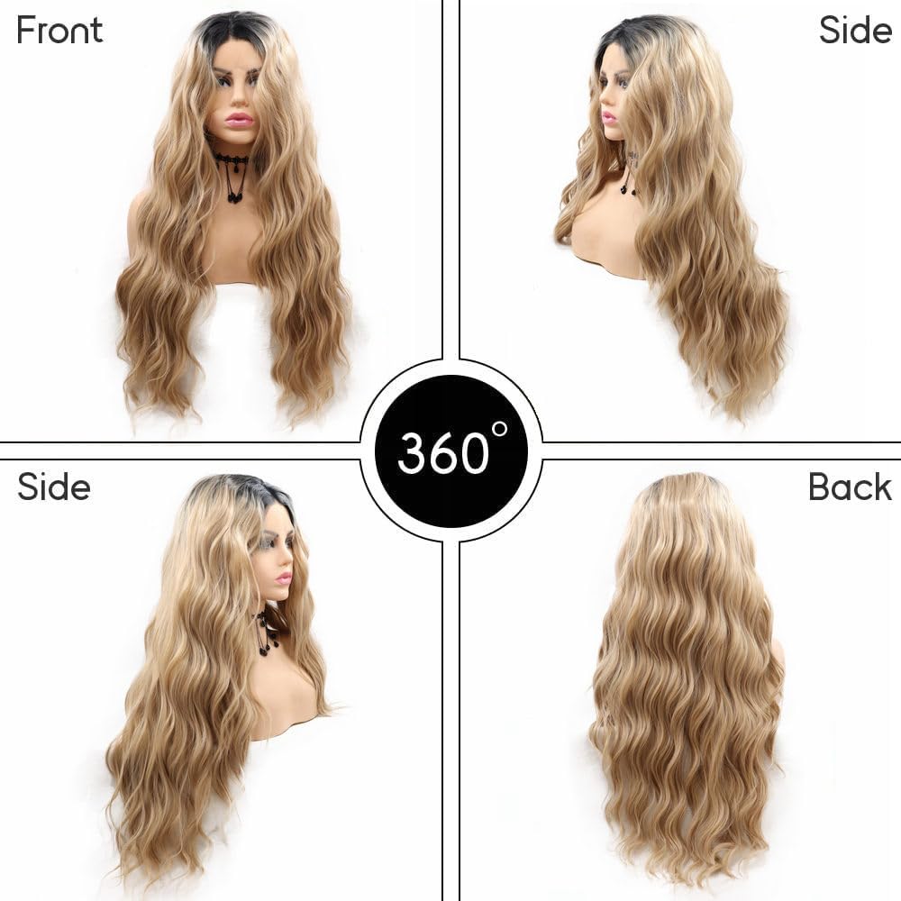 Ombre Blonde Wavy Lace Front Wig - 24" Natural Loose Waves | Heat Resistant Synthetic Fiber for Daily Wear