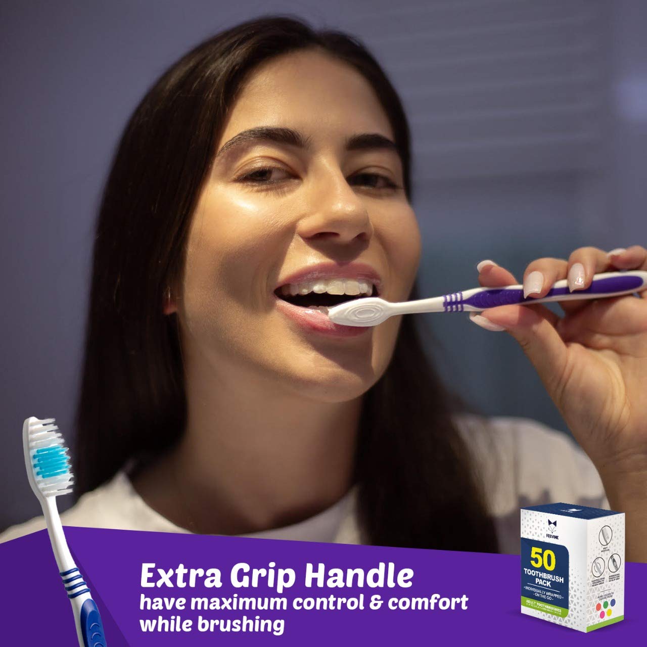 EcoFox Bulk Toothbrushes 50 Pack | Individually Wrapped Travel Toothbrush Set for Adults & Kids | Made with a Medium-Soft Large Brush Head | BPA-Free & Disposable!