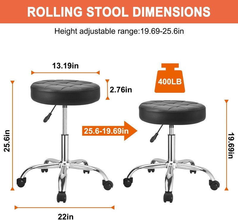 Height Adjustable Rolling Stool - PU Leather Swivel Chair for Home Office & Salon | Drafting Task Chair with Wheels