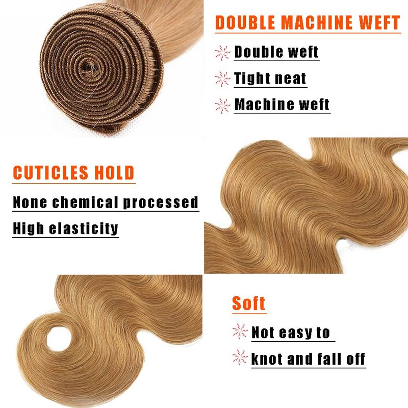 Honey Blonde Human Hair Bundles - 16, 18, 20 Inch Body Wave Extensions | 100% Unprocessed Virgin Hair #27