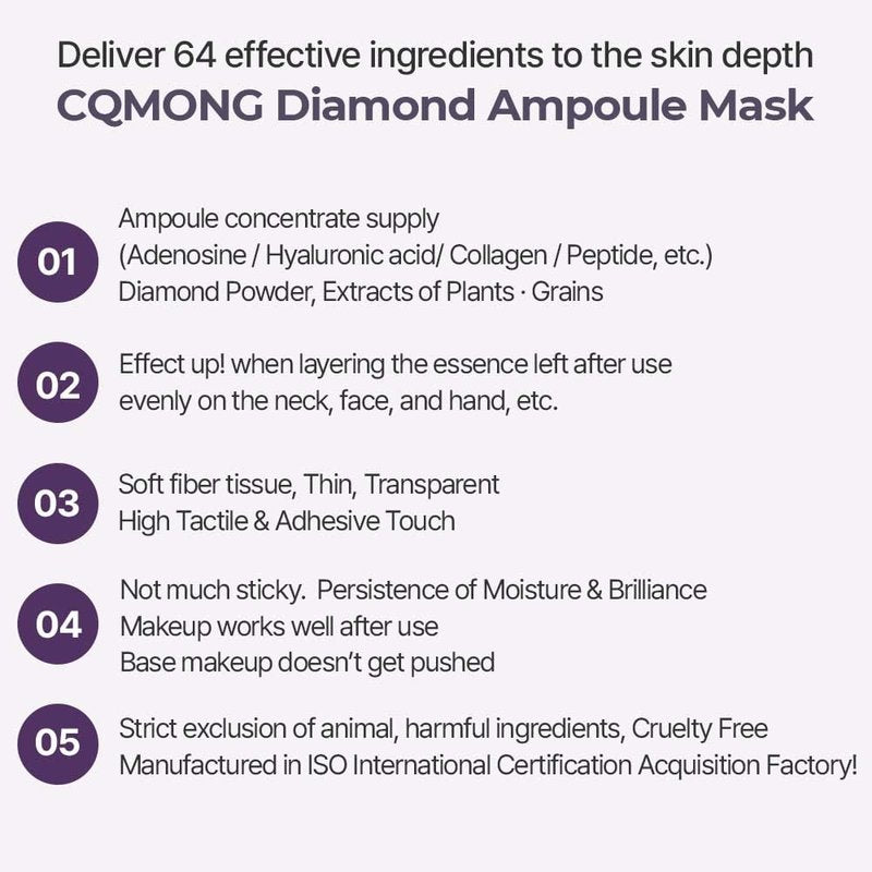 CQMONG Diamond Ampoule Sheet Mask (30g x 10pcs), Korean Face Facial Masks, Glossy & Elastic Skin, Hydrating, Soothing, Nourishing, Collagen & Hyaluronic Acid, Smooth Sheet
