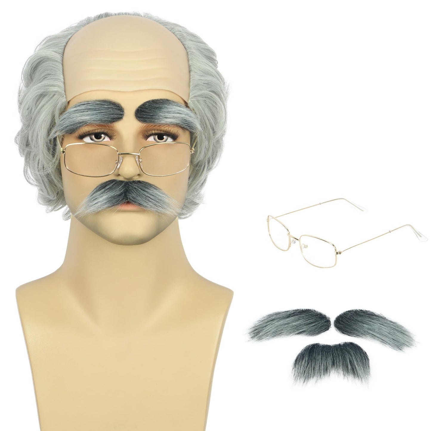 karlery Old Man Short Gray Wig with Moustache Eyebrow and Glasses Funny Grandpa Bald Cap Heat Resistant Synthetic Fiber Fluffy Soft Cosplay Event Costume Halloween Party Wig
