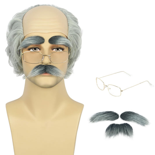 karlery Old Man Short Gray Wig with Moustache Eyebrow and Glasses Funny Grandpa Bald Cap Heat Resistant Synthetic Fiber Fluffy Soft Cosplay Event Costume Halloween Party Wig