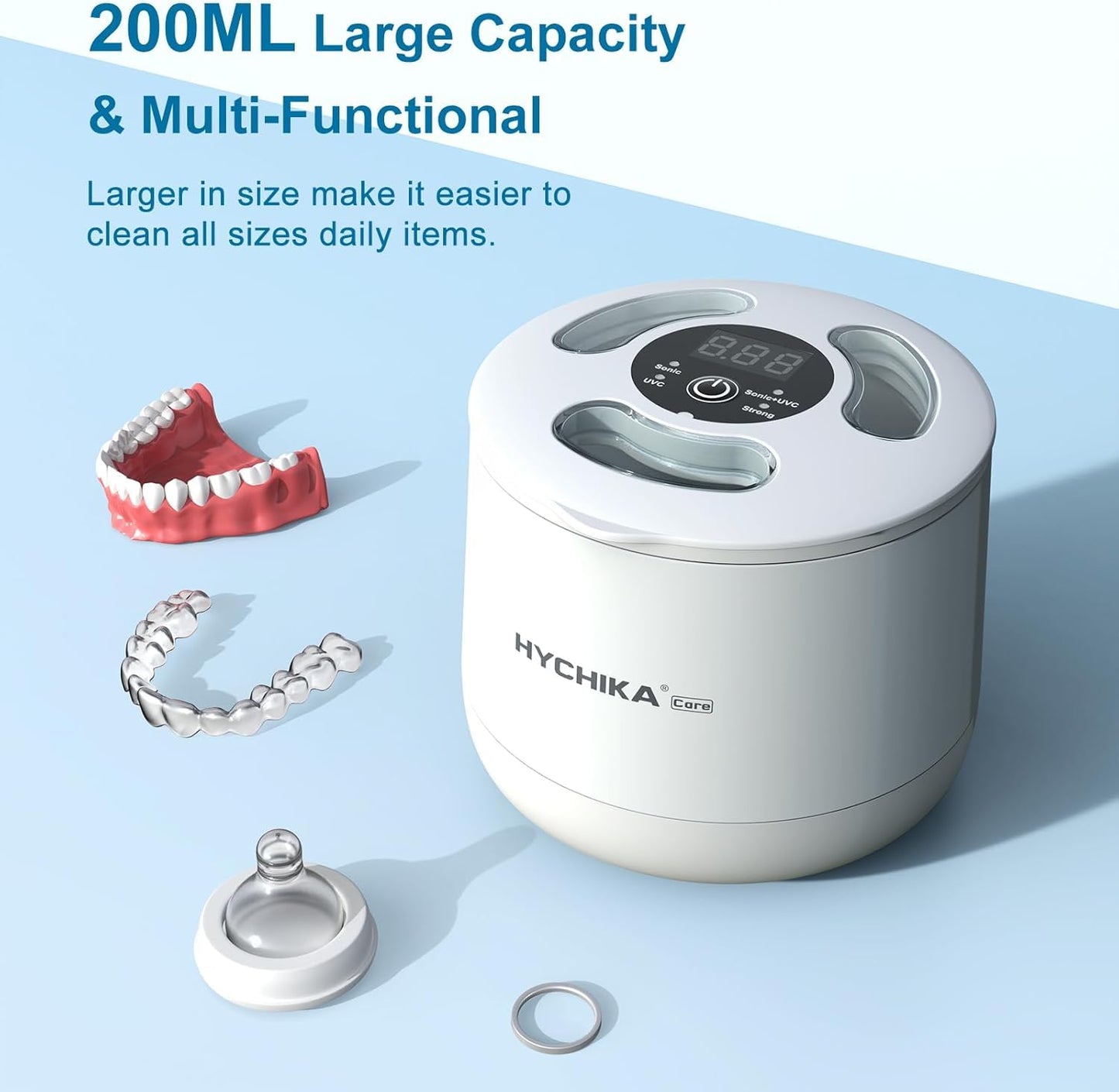 HYCHIKA Ultrasonic Retainer Cleaner Machine with UV,4 Modes,45kHz,200ML Dental Clean Pod for Retainers,Night Guards,Dentures etc.,Iceberg White
