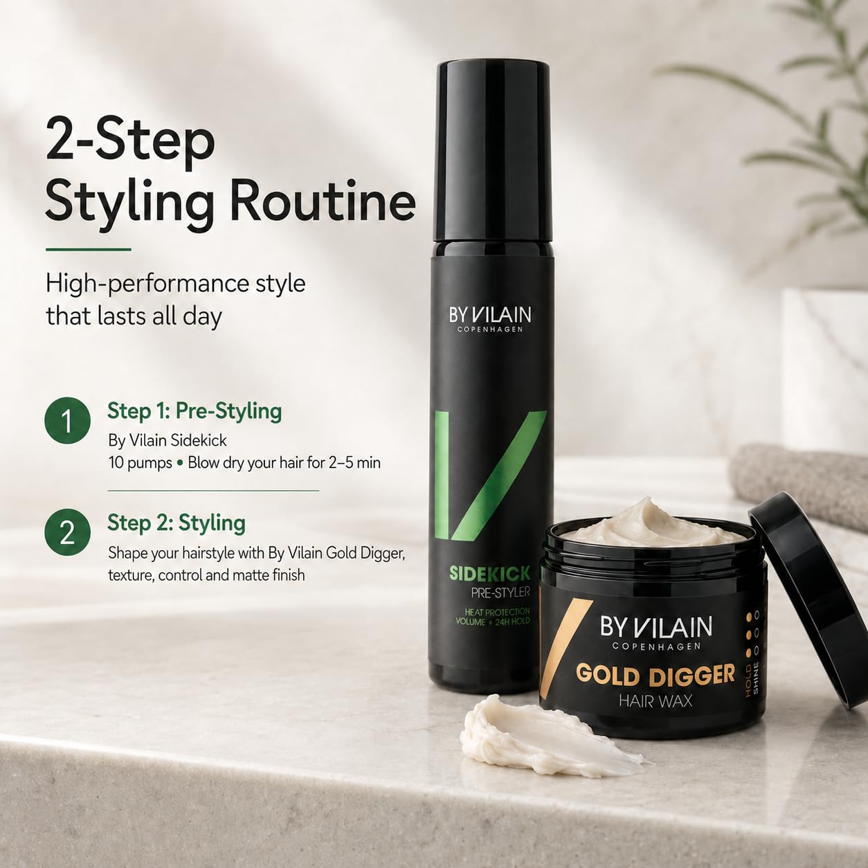 By Vilain Gold Digger Super Strong Hold Matte Finish Clean Cut Look Long Lasting Hair Pomade - Easy to Style for Fullness & Texture Smoothing & Slick Hair Molding Wax Paste Gel for Men - 65ml