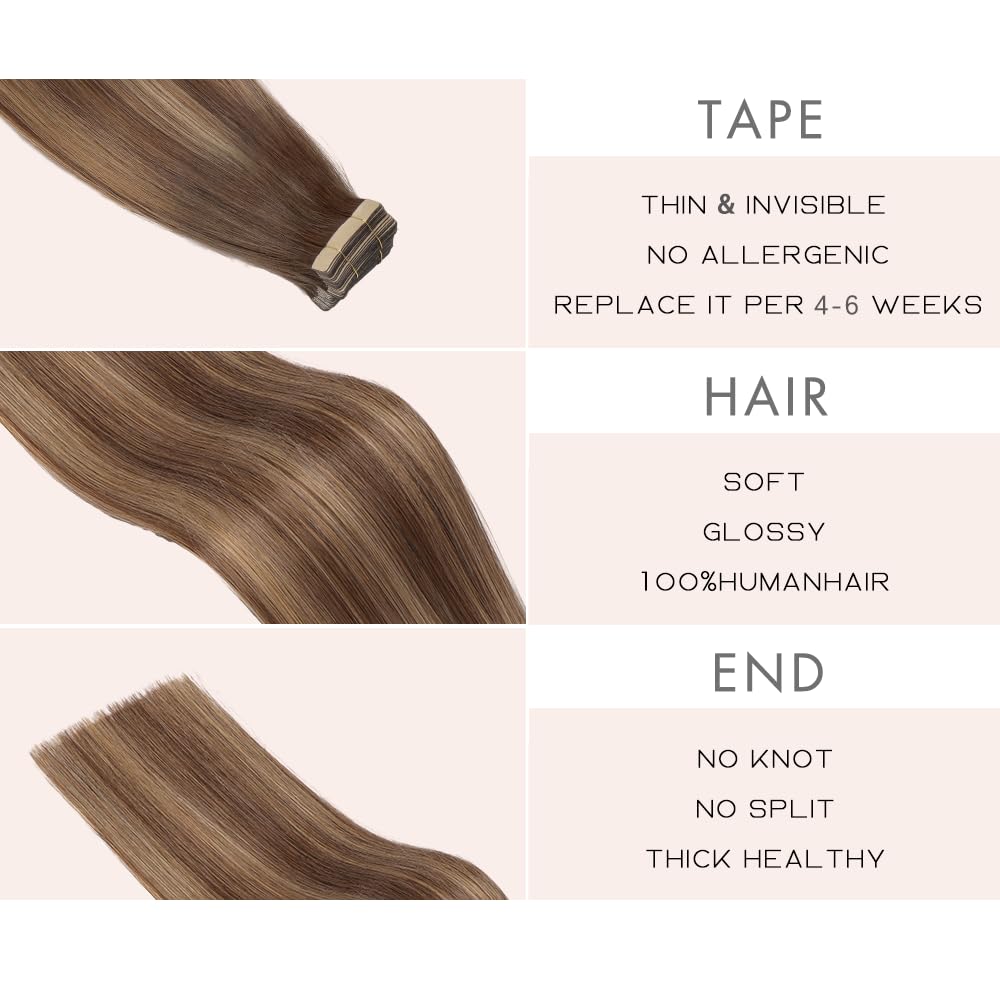 Tape in Hair Extensions Human Hair Chocolate Brown Mixed Honey Blonde Hair Extensions Real Human Hair 20pcs 14 Inch Straight Invisible Human Hair Tape in Extensions for Women (4/4/27#,14 Inch)