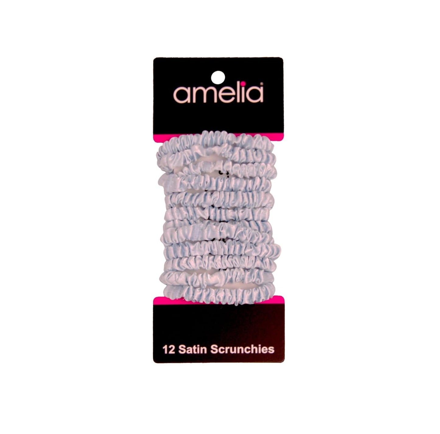 Amelia Beauty, Black, Skinny Satin Scrunchies, 12 Pack – 2in Diameter, Gentle & Strong Hold, No-Snag, No-Dent, Crease-Free Hair Ties