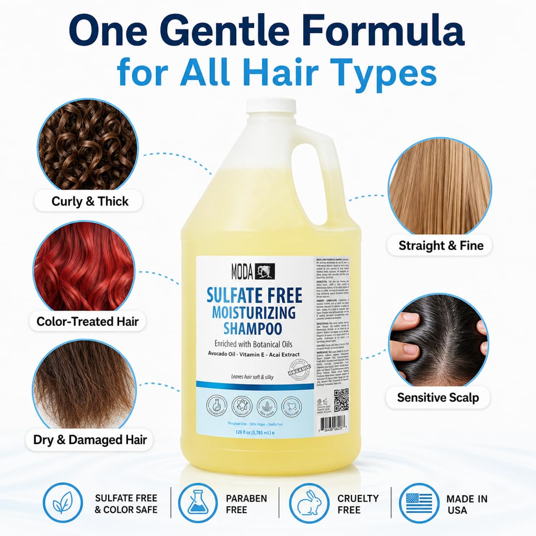 MODA Sulfate-Free Moisturizing Shampoo for All Hair Types - Professional - Deeply Cleanses and Conditions, Strengthens, Restores and Shines Hair - 1 GAL