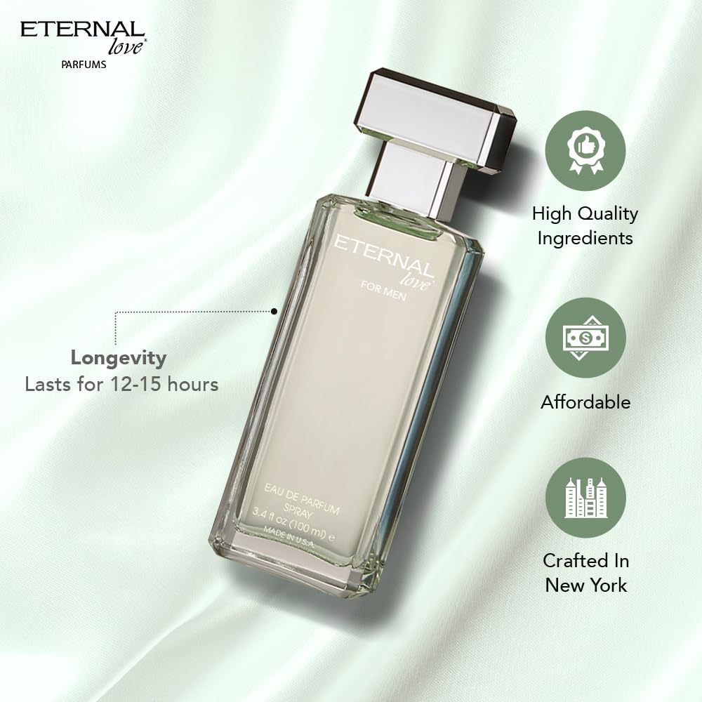 Eternal Love for Men - Long Lasting Eau de Parfum Spray - Premium Clean Fragrance with Amber & Cedarwood - Fresh Sophisticated Scent - 3.4oz