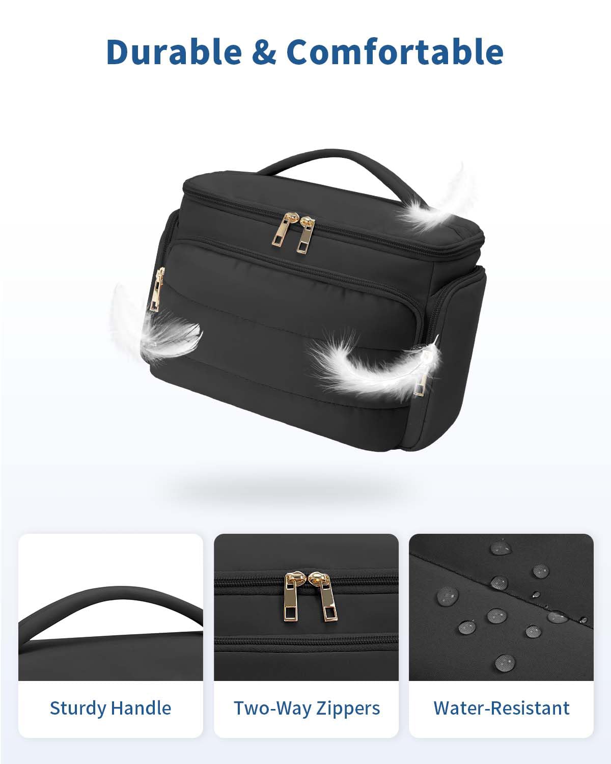 WANDF Travel Toiletry Bag for Women, Wide-open Large Makeup Bag with Handle, Puffy Makeup Organizer for Toiletries, Cosmetics, Accessories, Essentials (Black)