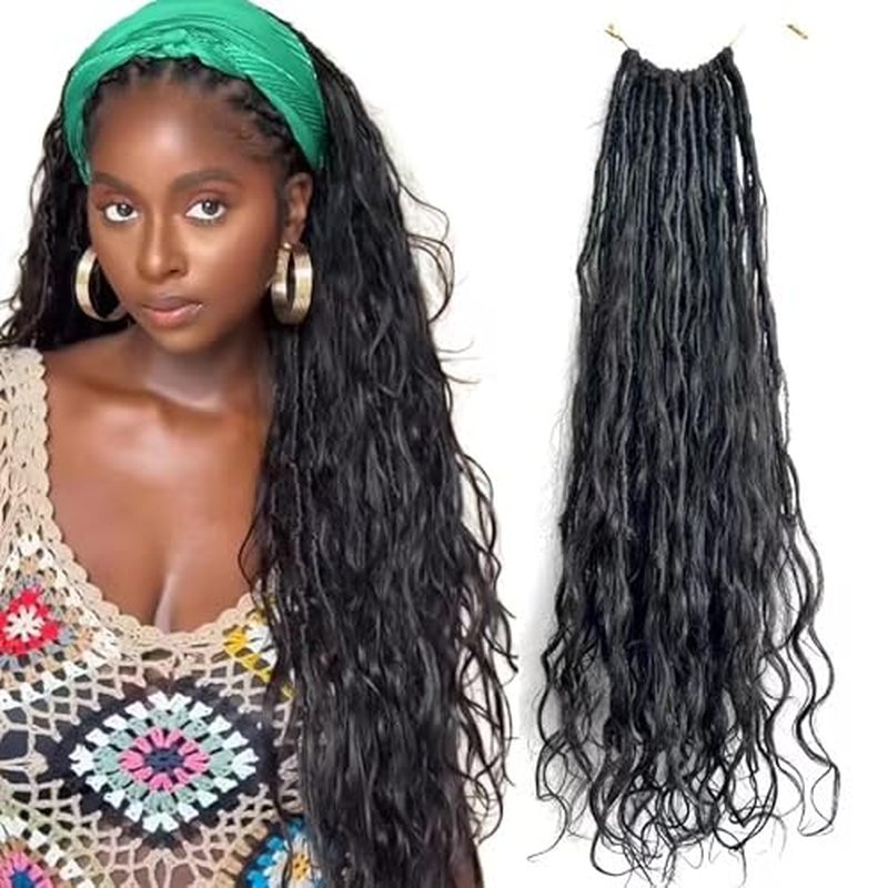 Pre-looped Crochet Boho Faux Locs with Human Hair body wave Ends Boho Hair Braids Goddess Dreadlocks Hair for Black Women Natural Color 26 Inch (Pack of 1)