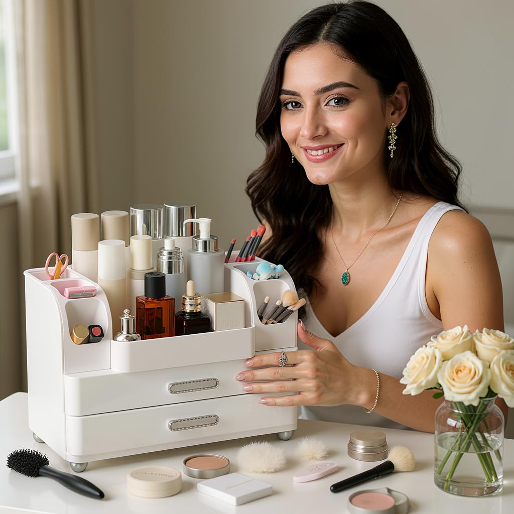Dozesheep Large Makeup Organizer Countertop with Drawers, Make Up Organizer for Vanity, Makeup Storage Organizer Countertop Makeup Organizers for Skincare, All White