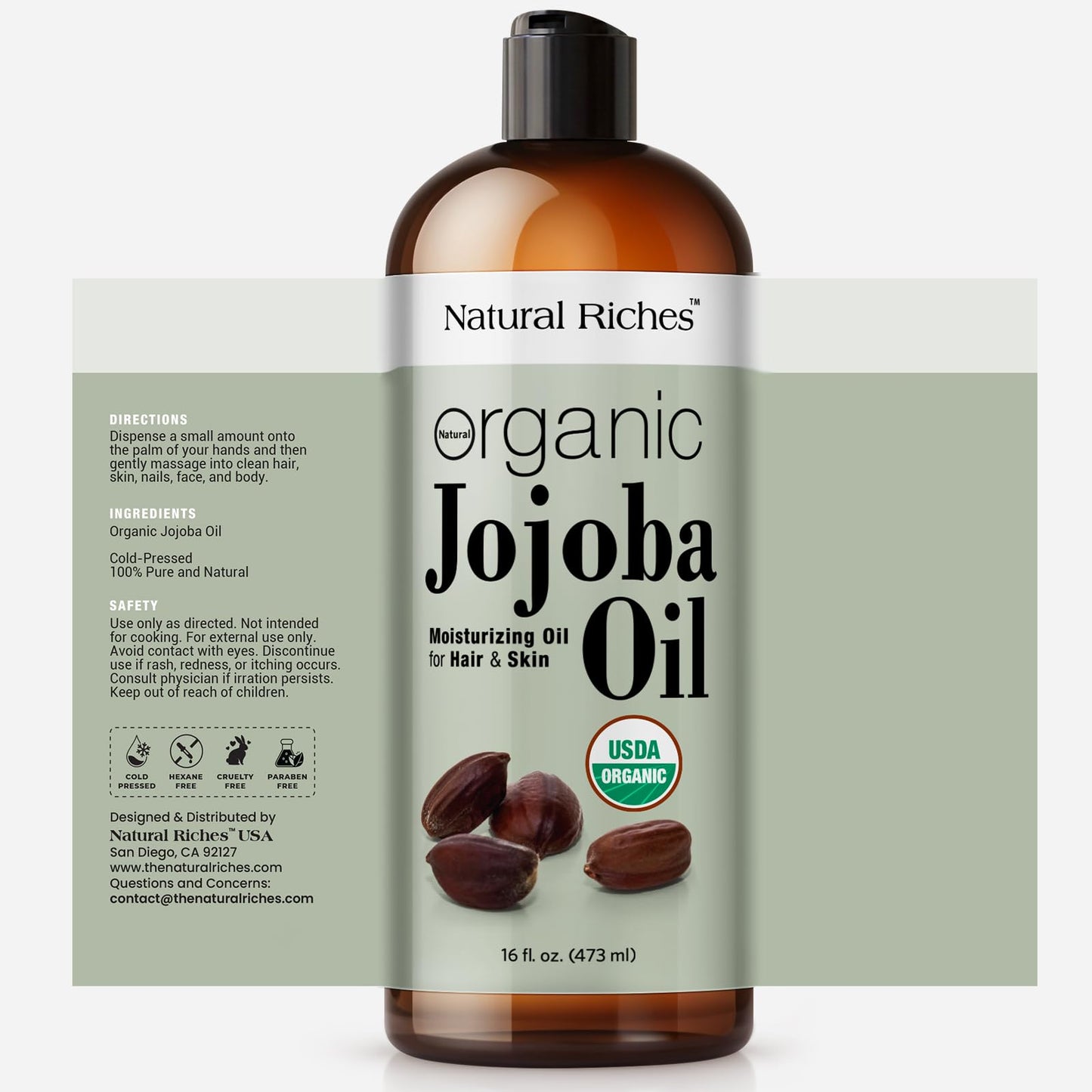 Natural Riches Organic Jojoba Oil, Pure (16 oz) | Moisturizing Oil for Face, Hair, Skin & Nails Cold Pressed Hexane Free Base Carrier oil.