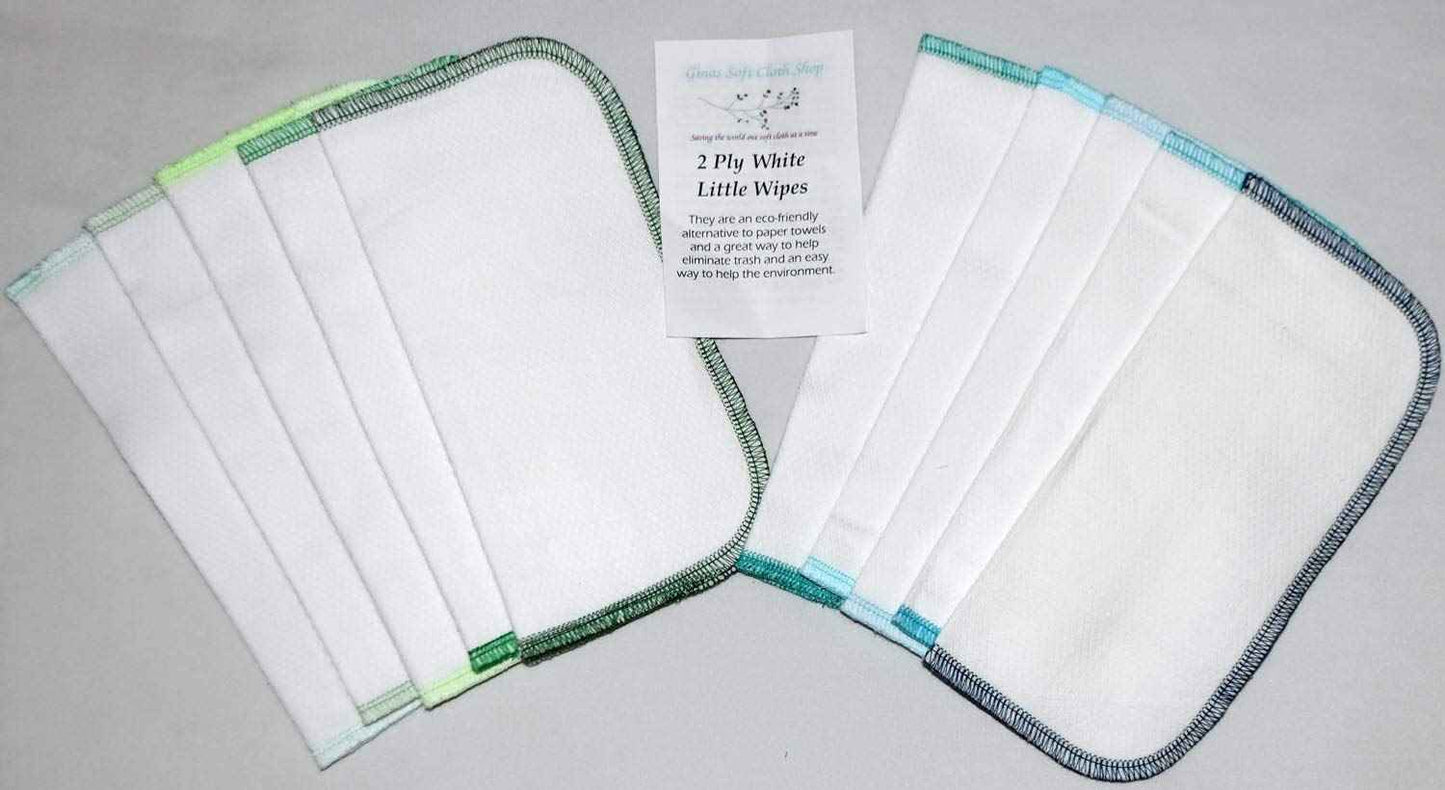 Gina's Soft Cloth Shop 2 Ply 8x8 Inches White Cotton Birdseye Little Wipes Set of 10 Assorted Blues and Greens- Proudly Made in the USA!