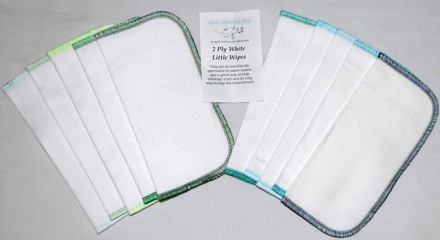 Gina's Soft Cloth Shop 2 Ply 8x8 Inches White Cotton Birdseye Little Wipes Set of 10 Assorted Blues and Greens- Proudly Made in the USA!