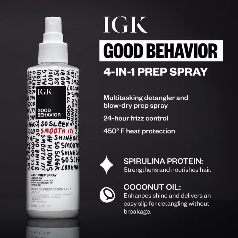 IGK GOOD BEHAVIOR 4-in-1 Prep Spray | Full + Travel Size | Gently Detangles, Controls Frizz for 24 Hours, Heat Protection & Shine | Weightless Formula for Smooth Hair