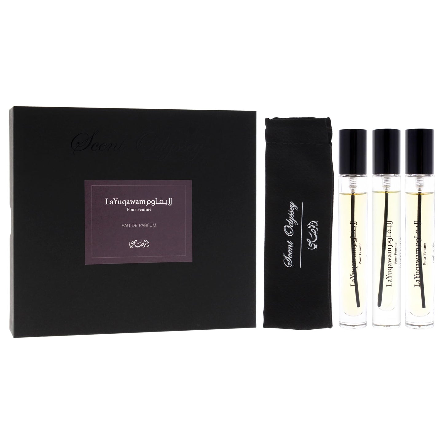 Rasasi Scent Odyssey La Yuqawam for Women | 3-Piece Mini Gift Set | Includes 0.25oz La Yuqawam Pour Femme EDP Spray, | 0.25oz Jasmine Wisp EDP Spray, | 0.25oz Orchid Prairie EDP Spray