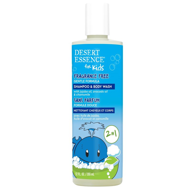Desert Essence Kids Fragrance Free 2-in-1 Shampoo & Body Wash, Gentle Cleanser for Children’s Hair and Skin, Tear-Free Bath Wash for Kids, 12 fl oz