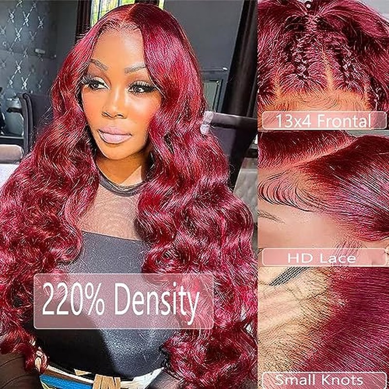 220% Density 99J Burgundy Lace Front Wigs Human Hair Pre Plucked Hairline Body Wave Glueless 13¡¿4 HD Transparent Wigs for Women Human Hair with Baby Hair Wine Red Colored (22 inch, 99j)