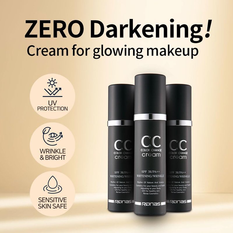 Ronas CC Color Change Cream - SPF 38 PA+++ Sunscreen Foundation | Korean Aesthetic Makeup, 1.69 Fl Oz