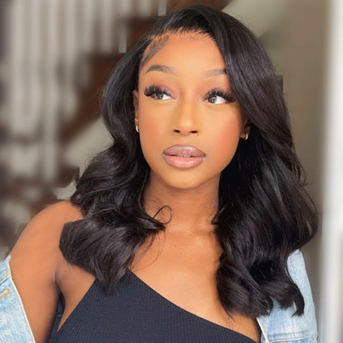 Short Wavy V Part Wigs For Black Women, Wear&Go Upgrade U Part Bob Wig, Glueless Half Wig Heat Resistant Synthetic Hair Soft As Human Hair (Black, 12 Inch)
