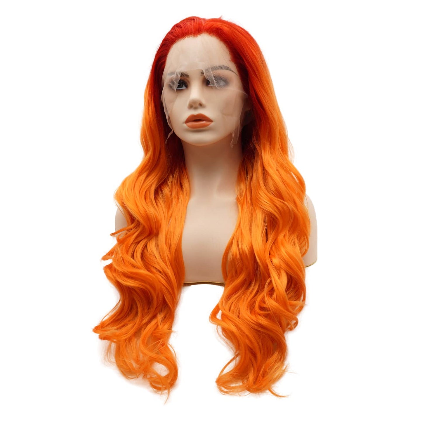 Long 24-Inch Wavy Synthetic Lace Front Wig - Orange Root Light Orange Ombre, Heat Resistant