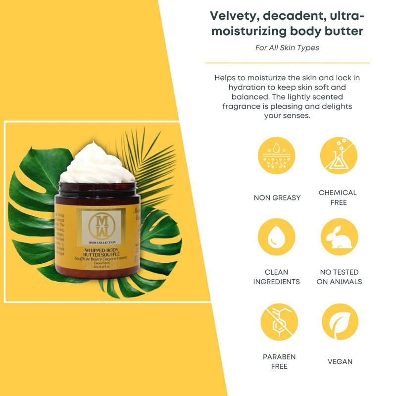 OMM Collection Natural Whipped Body Butter Soufflé For Dry & damaged Skin - Whipped Shea Butter with Vitamin E & A, coconut oil, Mango Butter & Cacao Butter - Hydrating & Moisturizing Shea - Vegan