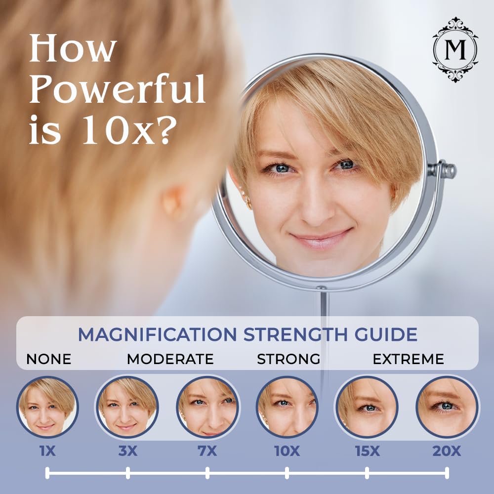 10X Magnifying Makeup Mirror on Round Stand for Tabletop, Bedroom Vanity Desk and Bathroom Counter - Free Standing Double Sided 10X/1X Magnification Mirror - 7" Wide and 14" Tall (Chrome)