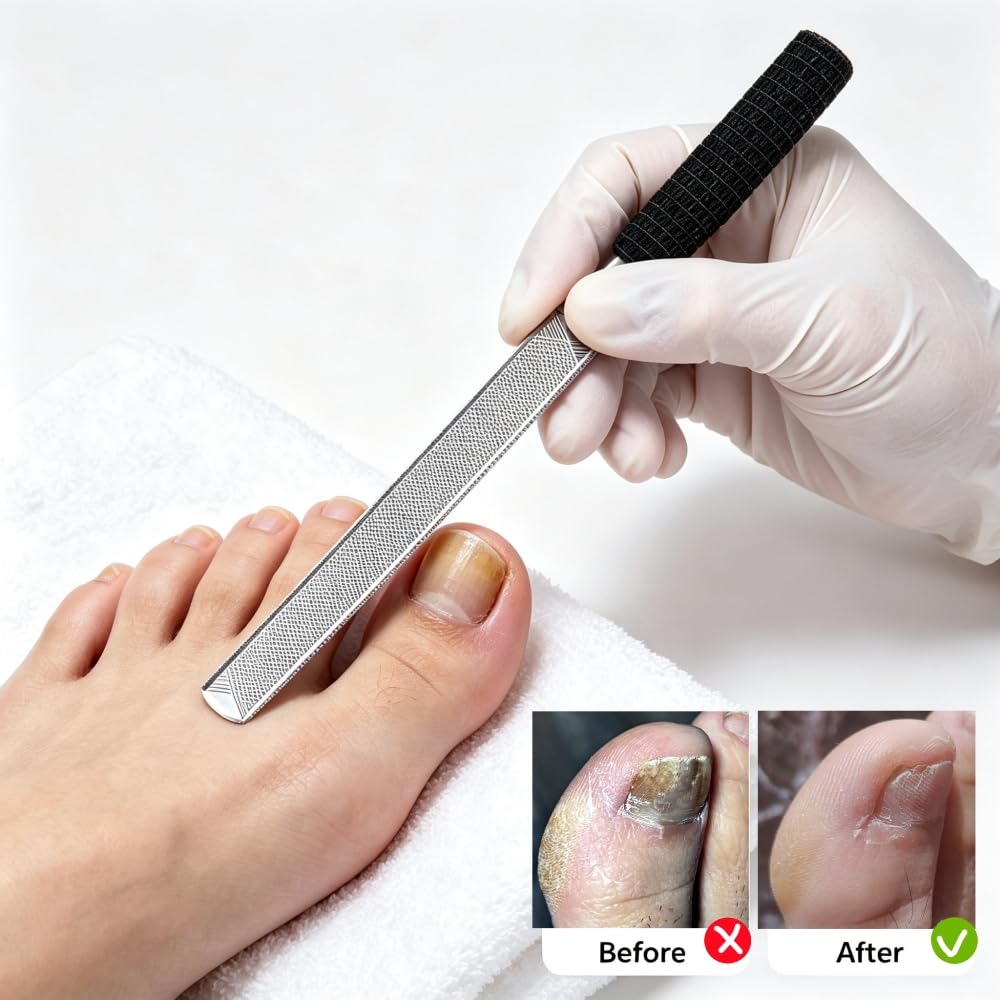 IDOU 3-in-1 Nail File Kit: Heavy Duty Toe Nail Files for Thick Nails & Seniors with Ingrown Lifter, Thumb Guard | Non-Slip Metal Emery Boards for Nails/Silver Lifter