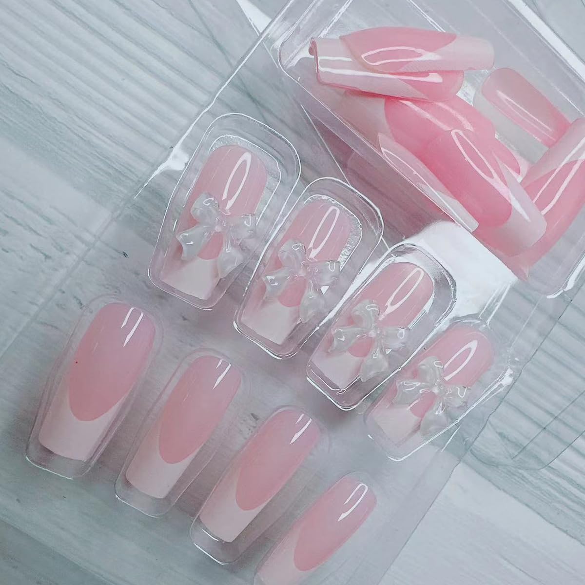 24pcs French Tip Press-On Nails - Short, Charms, Bow, Flower Design, Pink, Cute, Square Shape, Acrylic, Rhinestones