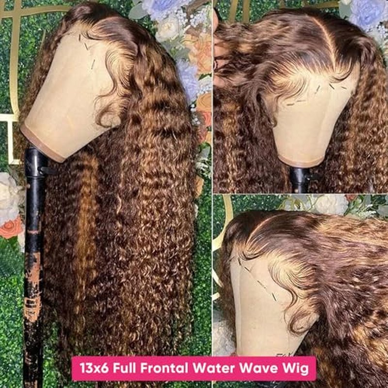 20 Inch Honey Blonde Ombre Highlight 13x6 Full Lace Frontal Wigs Human Hair 200 Density Water Wave 13x6 HD Transparent Lace Front Wigs Pre Plucked #4/27 Colored Human Hair Wig for Women