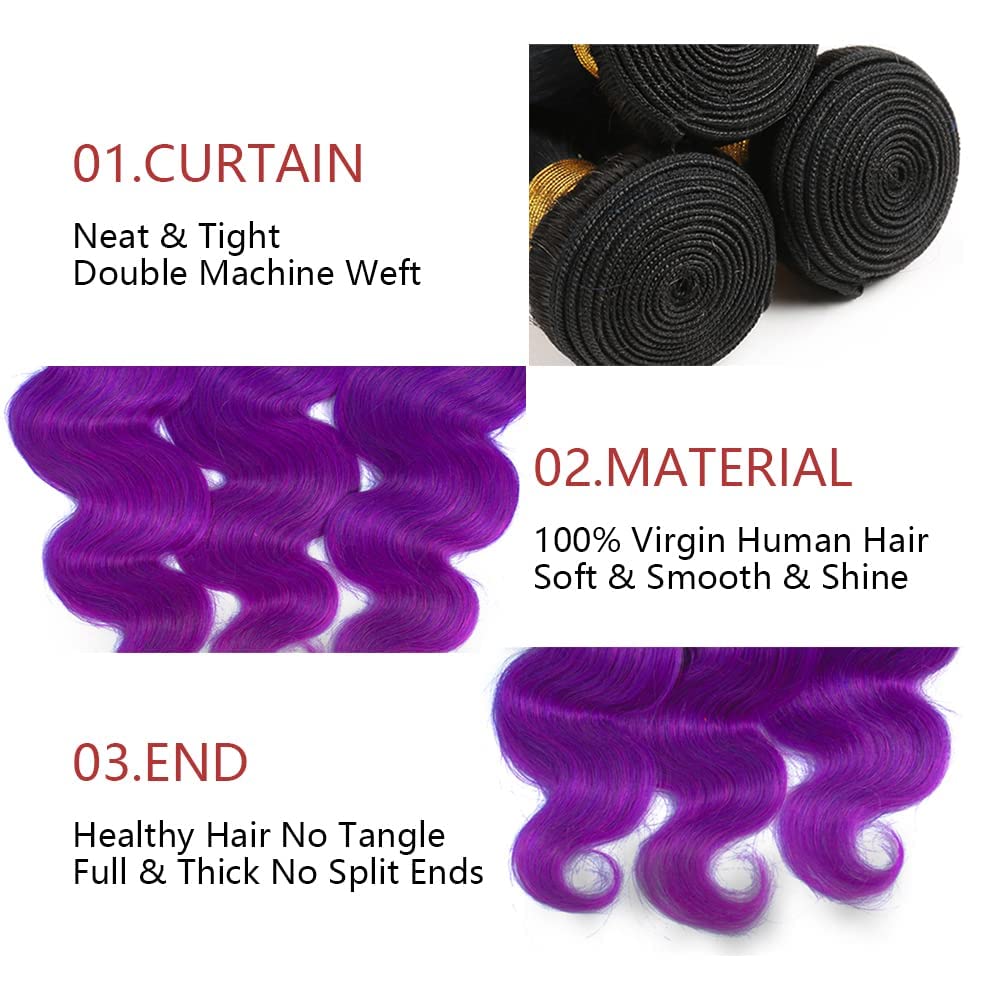 Lagalaga Bundles Human Hair 22 24 26 Inch Body Wave T1B Purple Human Hair Bundles Unprocessed Brazilian Virgin Hair Quick Weave Hair for Black Women