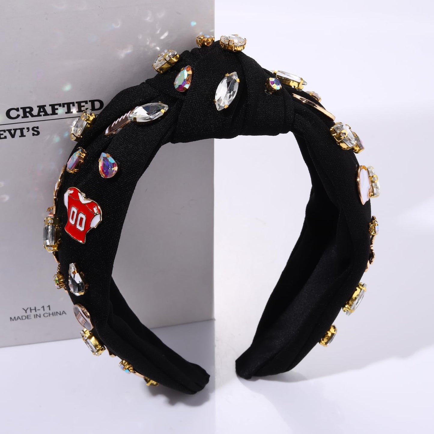 mokkia Football Headband for Women Football Mom Accessories Crystal Rhinestone Jeweled Wide Top Knot Headband Game Day Sports Hair Accessories Gift (Black)