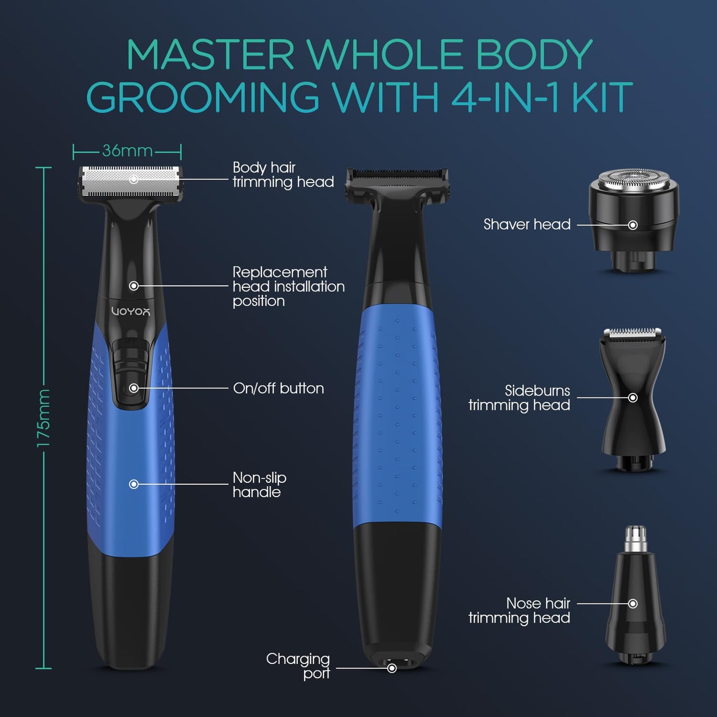 Beard Trimmer for Men - Cordless Electric Razor with Adjustable Length Combs | All-in-1 Grooming Kit (Blue)