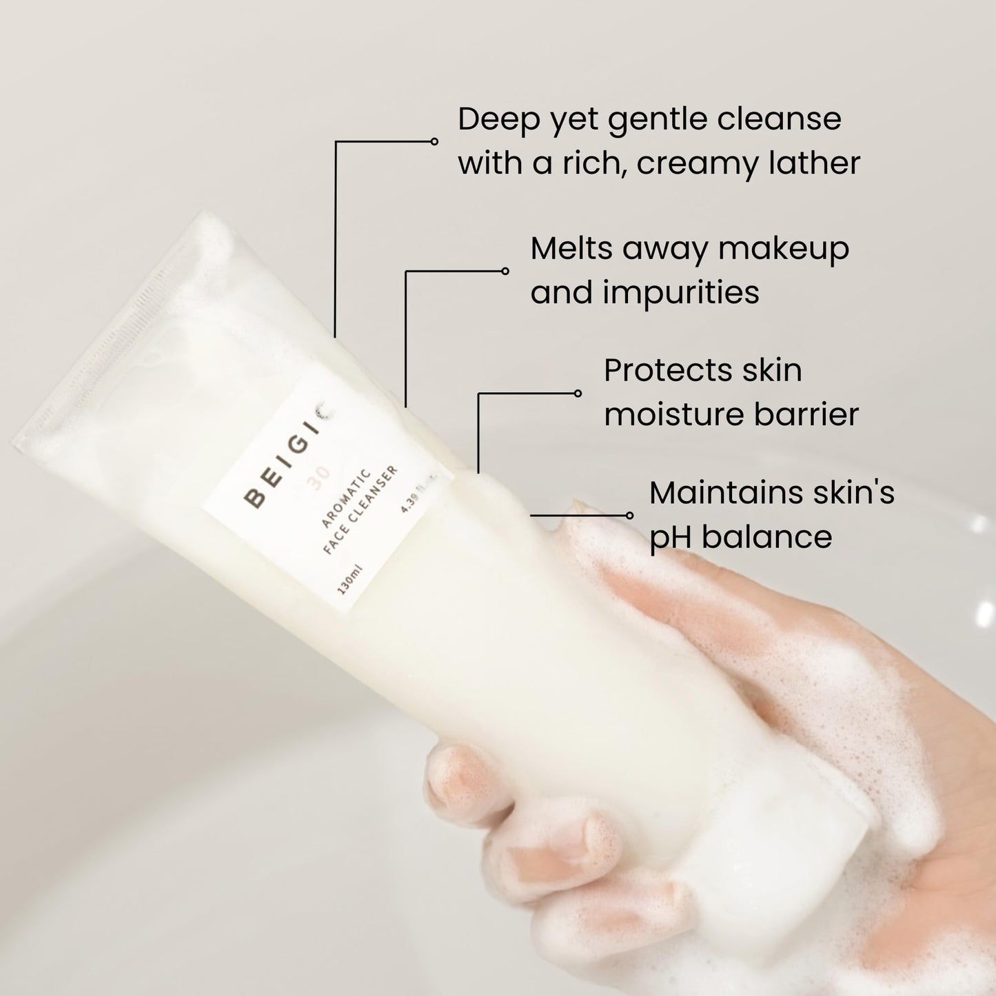 BEIGIC Aromatic Face Cleanser - Gentle Foaming Vegan Face Wash with Hyaluronic Acid & Micellar Water for sensitive skin (4.39 fl oz)