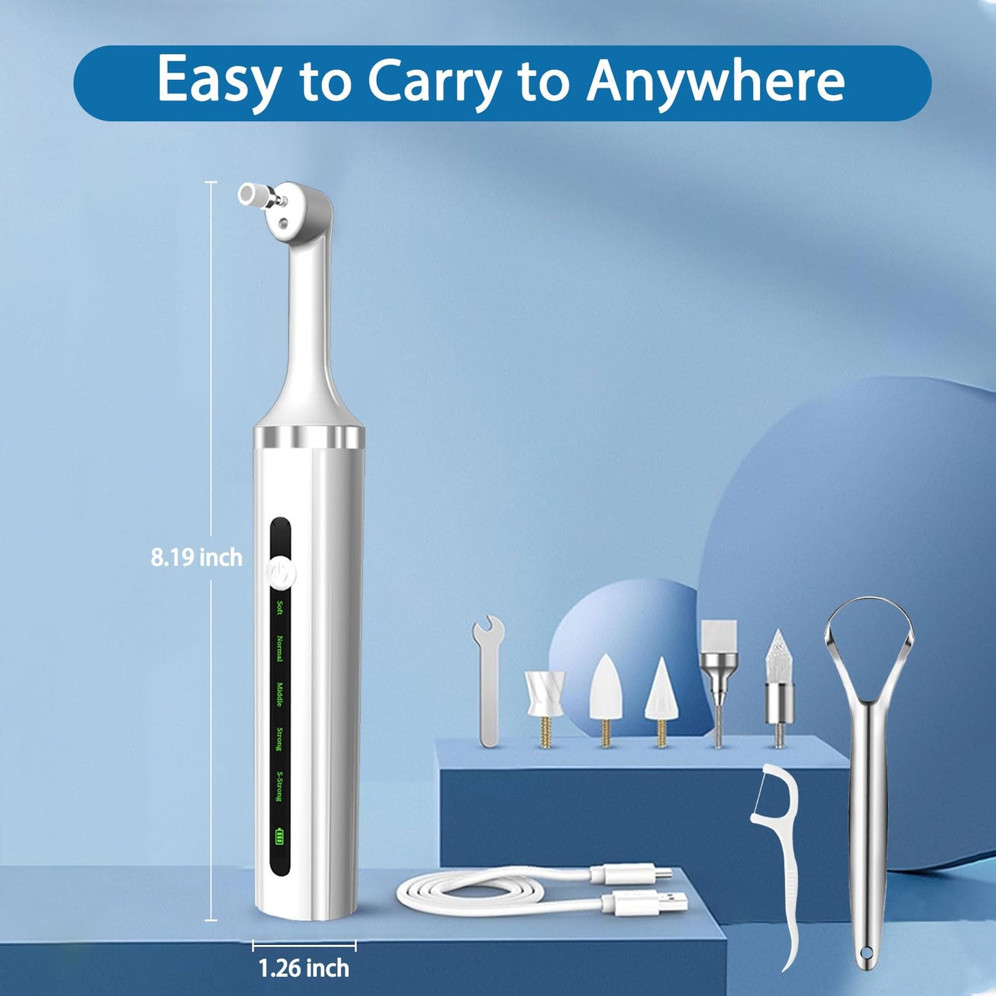 Plaque or Electric Tartar Polishing Teeth Kit with LED Light 5 Speed Modes with 5 Replacement Brush Heads (White)