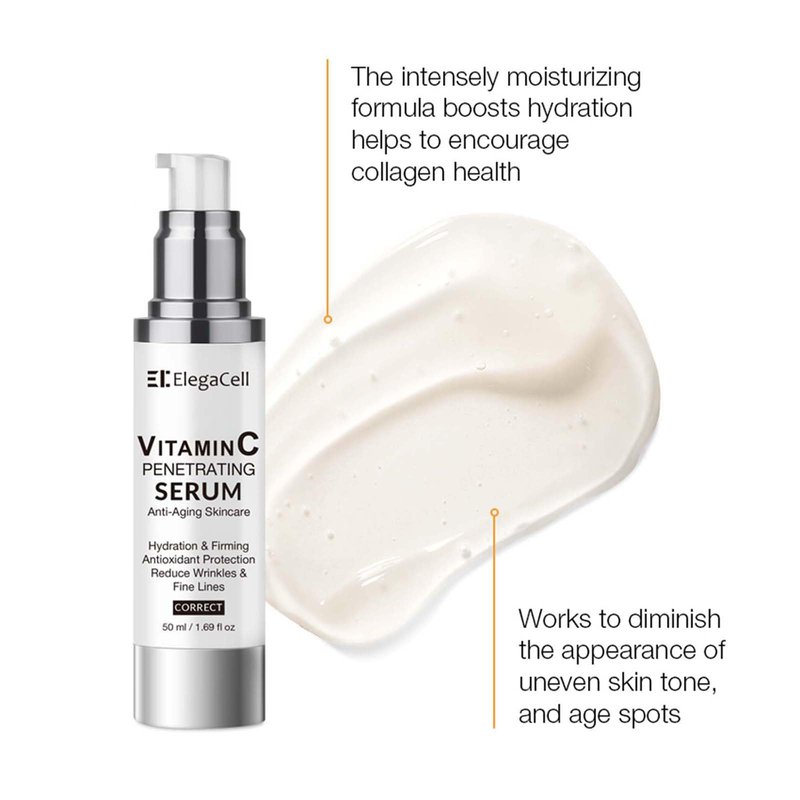 ElegaCell Super Vitamin C Serum for Women Over 70 - All-in-One Hydrating Anti-Aging Formula by Vitamin C, Hyaluronic Acid, Caffeine-Firming, Hydrating,Lifting, Face Wrinkles 1.69 fl oz pack of 2