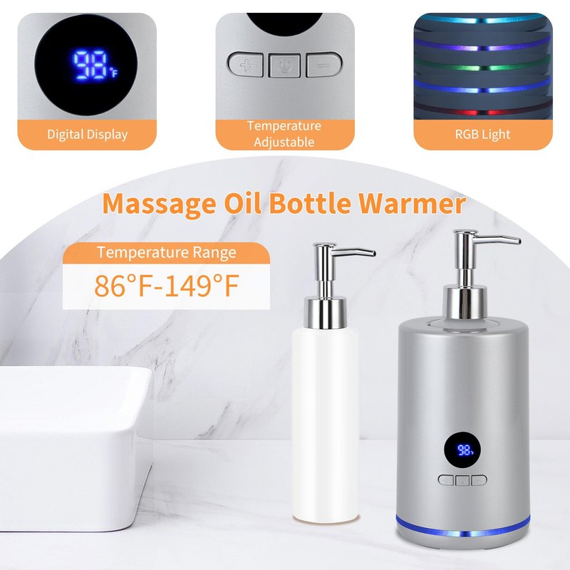 Massage Oil Warmer with 2 Bottles, Professional Electric Lotion Warmer Bottle, Digital Display, Rapid Heating, Automatic Massage Oil Heater for Salon Spa Massage (Silver)