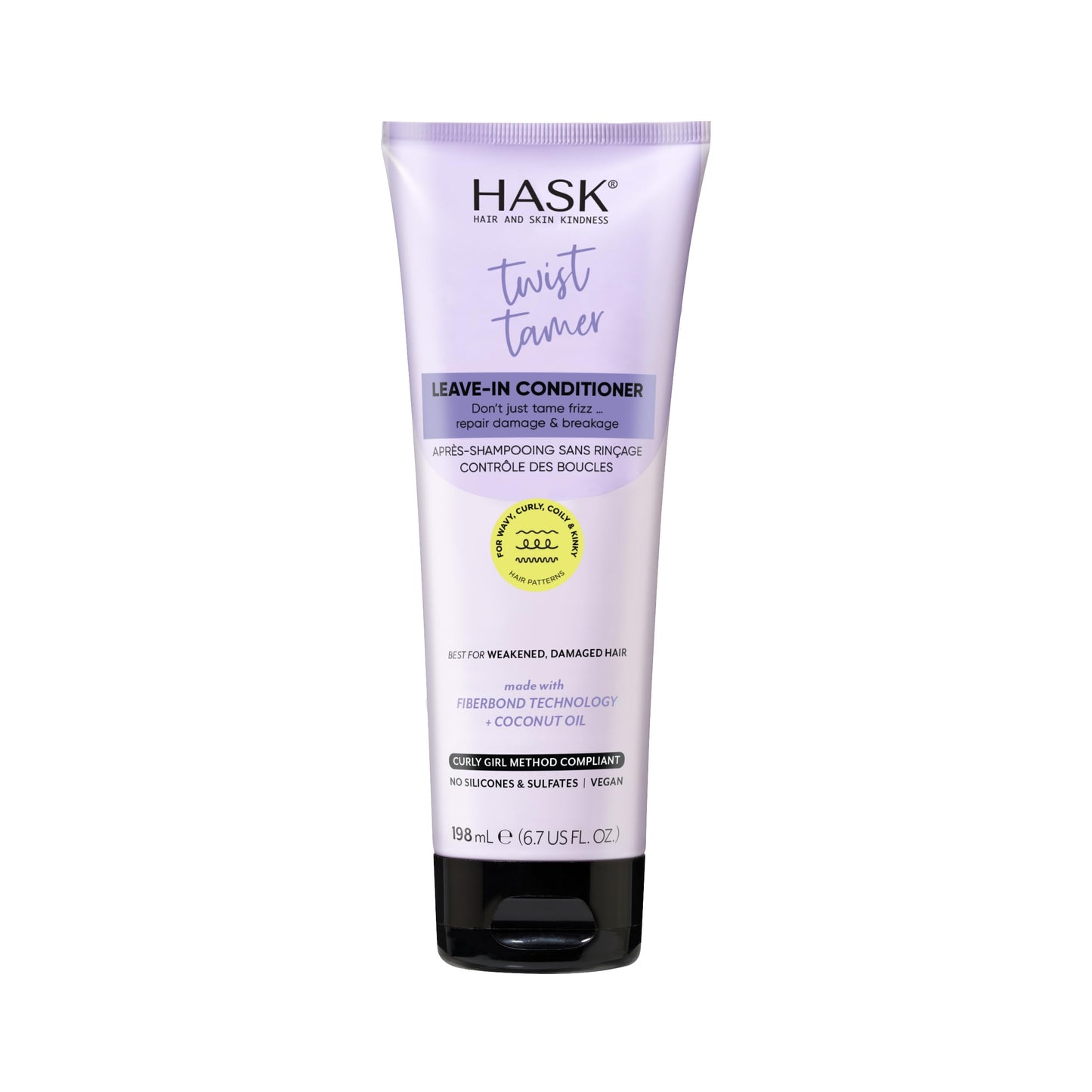 HASK Twist Tamer Leave-In Conditioner with FiberBond Technology & Coconut Oil for Wavy, Curly, Coily & Kinky Hair, Strengthens, Reduces Frizz, Boosts Hydration, Vegan, Sulfate-Free – 6.7 fl oz