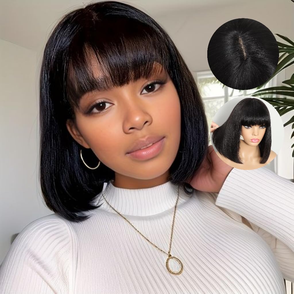KEPWIN Bob Wig with Bangs Human Hair Wig 2x1 Closure Transparent Lace Bob Glueless Wigs Human Hair Short Wigs Straight Wigs for Black Women Wear and Go Natural Black 180% Density 10Inch