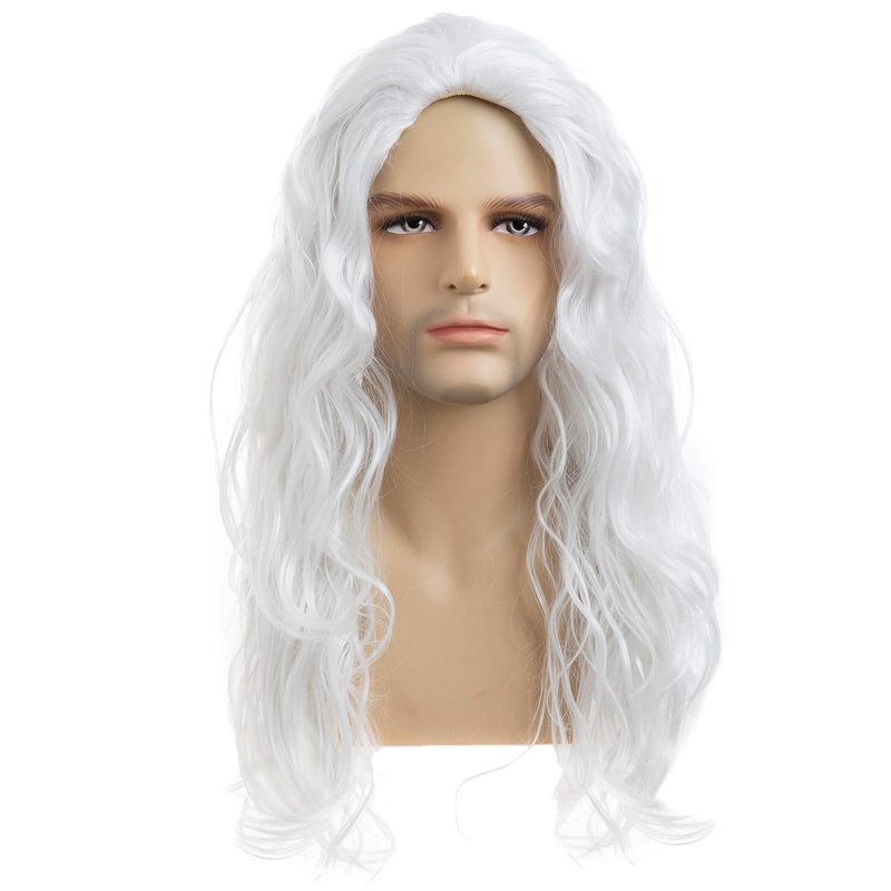 Long Curly Wavy Wig for Men - Heat Resistant Synthetic Hair | White Middle Part for Daily Wear & Costumes